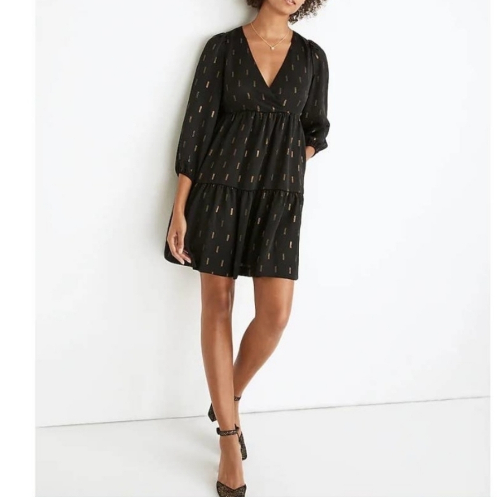 Madewell Wrap Tiered Mini Dress Black Gold Metallic Jacquard Faux Size S